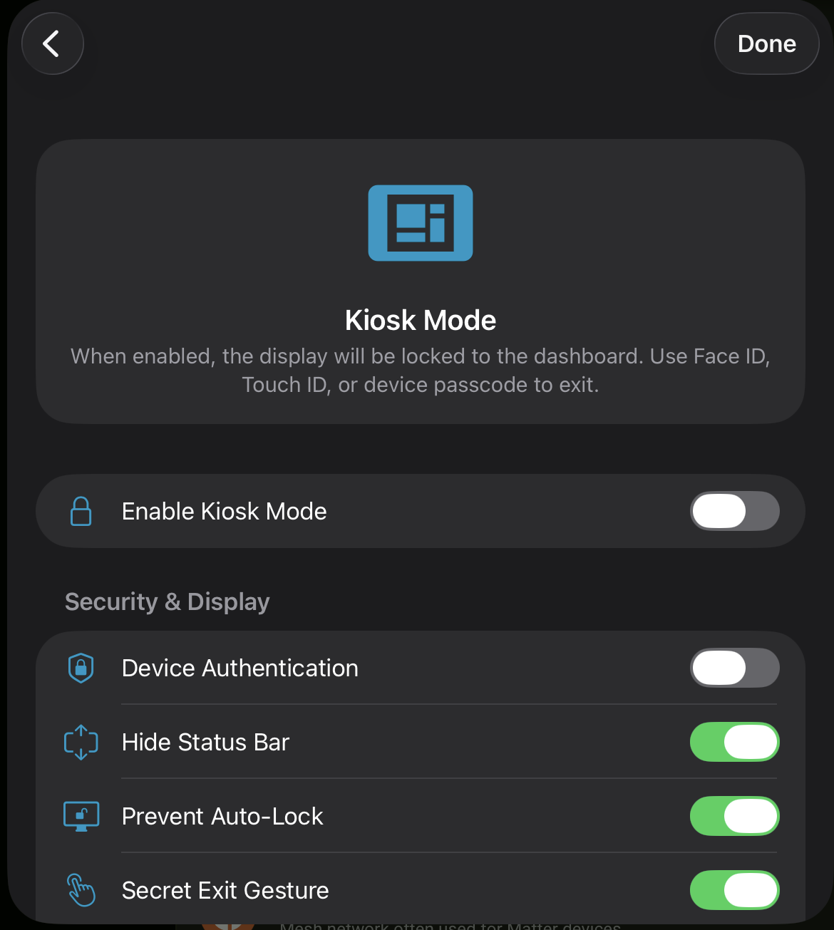 Kiosk Mode settings — top