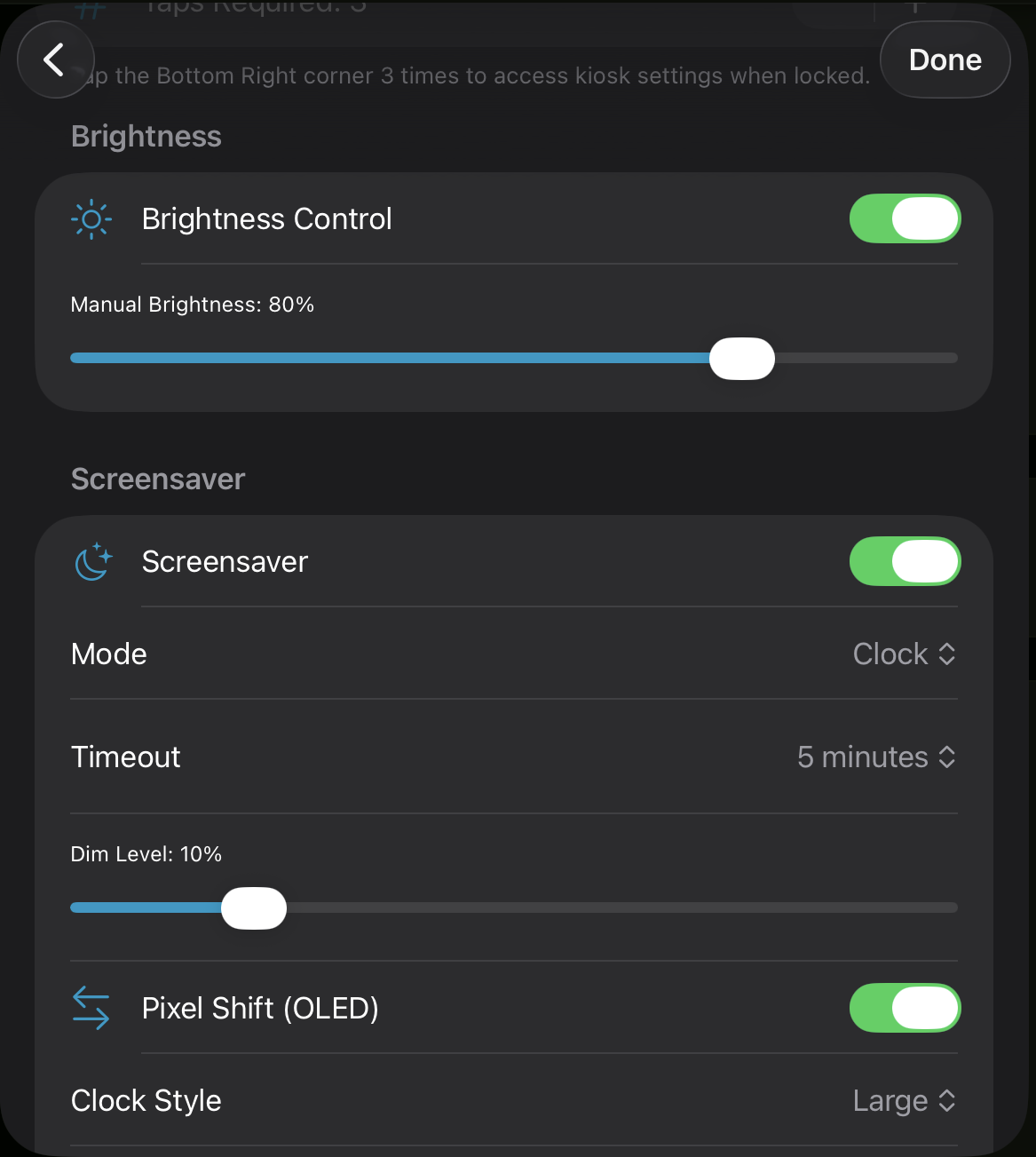 Kiosk Mode settings — Brightness and Screensaver
